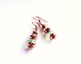 Copper Earrings - Green Beaded Earrings - Peridot Crystal Earrings - August Birthstone Jewelry Birthday Gift - 3rd Anniversary - 15th Year