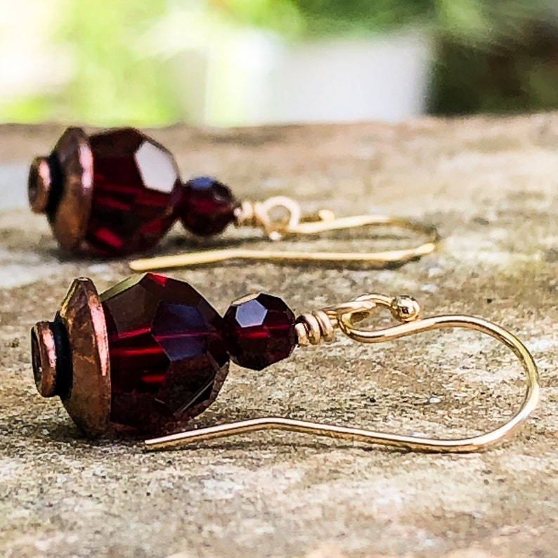 Stacked Garnet Crystal Earrings Copper Earrings with 2 Round Dark Red Beads January Birthstone 7th Anniversary Gift Copper Jewelry image 3