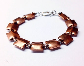 Copper Jewelry - Flat Square Beaded Copper Bracelet with Round Sterling Silver Beads for Men or Women - 7th Anniversary Gift for Husband