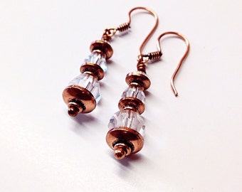 Clear Crystal Bead Earrings with Solid Copper Metal - 7th Anniversary - Copper Earrings - April Birthday Birthstone Gift Idea for Her