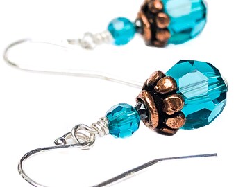 Blue Zircon Beaded Crystal Earrings - Gothic Copper Metal Flower Bead Earrings with Silver - December Birthstone or 7th Anniversary Jewelry
