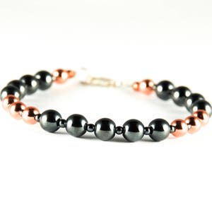 Round Hematite Copper Bracelet with Sterling Silver Clasp - 7th - 11th - 22nd - Anniversary Gifts for Wife - Gray Stone Bead Bracelet