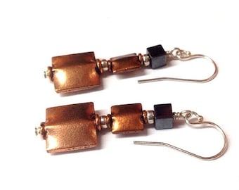 Geometric Square Bead Copper Earrings - 7th Anniversary Gift for Wife - Solid Copper Jewelry - Gray Hematite Stone Earrings - 11th - 22nd