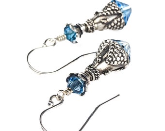 Aquamarine Crystal Bead Earrings - Ornate Bali Silver Cone-Shaped Sky Blue Earrings - March Birthstone Birthday Gift - 15th Anniversary