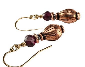Small Garnet Stone Bead Earrings Gold - Solid Copper Metal Earrings - 7th Anniversary Gift for Wife - Copper Jewelry - January Birthstone