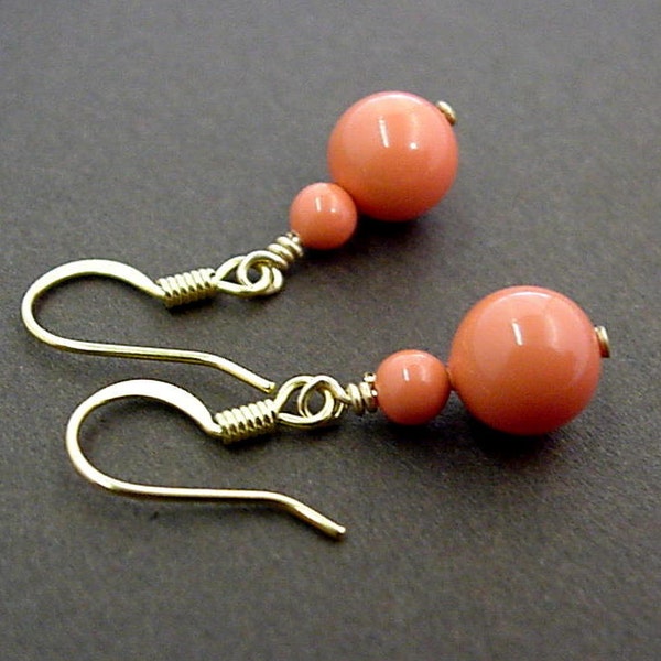 Salmon Coral Pearl Earrings - Peach Coral Drop Earrings for Bridesmaids - Orange Dangle Earrings for Bridal Jewelry - Coral Color Earrings