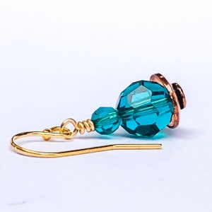 Turquoise Crystal Bead Earrings - 7th Anniversary for Wife - Copper Jewelry - Teal Blue Earrings - Solid Copper Metal - December Birthstone