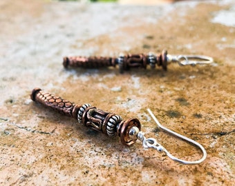 Long Textured Copper Earrings with Sterling Silver Beads - 7th Anniversary Gift for Wife - 22nd Year - Copper Jewelry - Bali Pattern