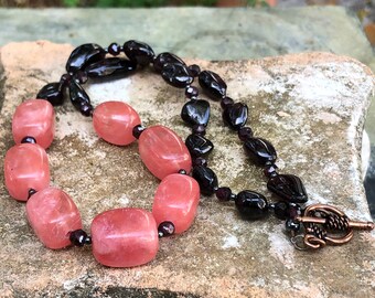 Dark Red Garnet Gemstone Necklace with Large Pink Quartz Tumbled Nuggets - Chunky Stone Bead Statement Necklace - January Birthstone Gift