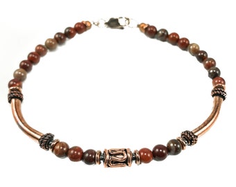 Poppy Jasper Bracelet - Small Brown Bead Stone Bracelet with Copper - Copper Jewelry - 7th Anniversary Gift Idea for Wife