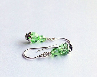 Small Peridot Green Crystal Earrings with Silver Flower Beads - August Birthstone Birthday Gift - 3rd or 15th Anniversary Gift Jewelry