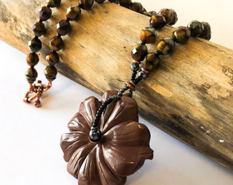 Large Flower Necklace - Brown Gemstone Flower Statement Necklace - 4th Anniversary - Gift for Her - Floral Jewelry