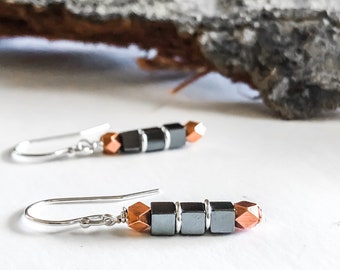 Copper and Stone Earrings Sterling Silver - Square Geometric Dangle Earrings - Minimalist Jewelry - 7 Year Anniversary Gift for Women