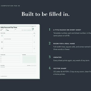 May include: A white daily planner sheet with black text titled Daily Focus and Top Three, featuring sections for tasks, time, and notes. The dark background displays text including Built to be filled in, A TITLE BLOCK ON EVERY SHEET, ROOM FOR A REAL HAND, UNDATED, and VECTOR SHARP.