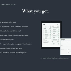 May include: A dark gray digital product display titled The Computation Pad 40. It lists 40 templates in five parts, 43 pages, a linked index with 83 links, an 11-page course pack, six landscape layouts, five paper types, and US Letter and A4 PDF formats.