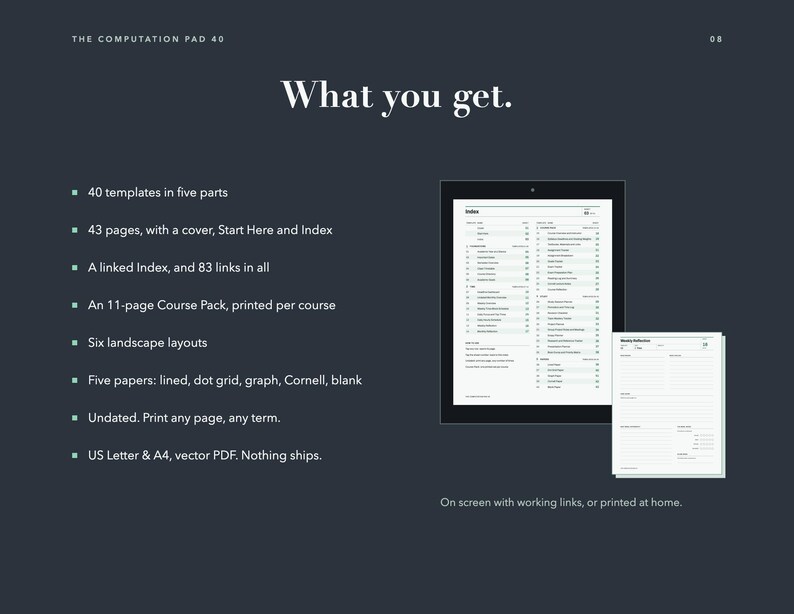 May include: A dark gray digital product display titled The Computation Pad 40. It lists 40 templates in five parts, 43 pages, a linked index with 83 links, an 11-page course pack, six landscape layouts, five paper types, and US Letter and A4 PDF formats.