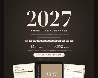 May include: A 2027 smart digital planner featuring 453 pages and 9,652 links. The dark brown interface displays monthly tabs from January to December, an instant digital download button, and previews of a monthly calendar view and a weekly plan page.