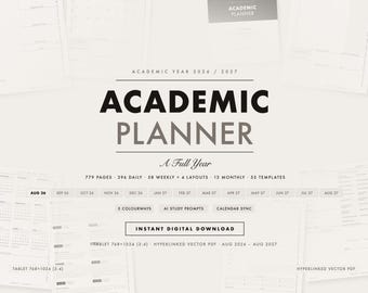 May include: An academic planner for the 2026-2027 year, featuring 779 pages, 396 daily, 58 weekly, 13 monthly, and 55 templates. The digital download includes 4 layouts, 5 colorways, AI study prompts, calendar sync, and hyperlinked vector PDF files.