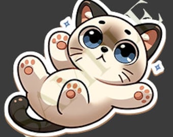 May include: A die-cut sticker featuring a cartoon Siamese cat with large blue eyes, dark brown ears, and a dark brown tail. The cat is lying on its back with paws raised, showing pink paw pads, surrounded by small white sparkles on a white border.