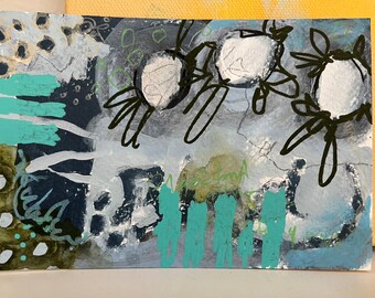 Stormy Day Garden - peinture abstraite originale de 4 x 6 po sur papier emmêlé à 5 pi x 7 po.