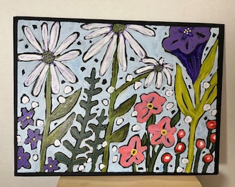 Jardin occidental - acrylique floral original de 9 x 12 po sur toile noire