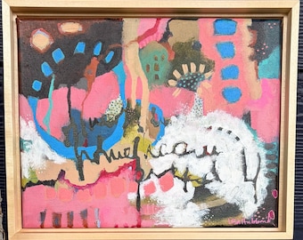 Pintura floral abstracta original, arte enmarcado con marco flotante colorido; arte alegre; regalo para el Día de la Madre