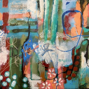 Origineel abstract bloemenschilderij: kleurrijke mixed mediakunst, 9 x 12 inch