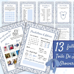 Paquete de juegos para baby shower Toile De Jouy / Juegos para baby shower editables Canva / Paquete de chinoiserie azul polvoriento vintage / Diseño floral azul