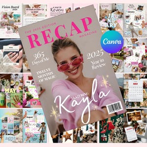May include: A magazine cover titled "RECAP MAGAZINE" with the text "The 2025 Edition". The cover features a woman wearing pink sunglasses and the name "Kayla". Surrounding the magazine are vision boards and calendars.