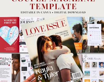 Plantilla de revista "Historia de amor en pareja", regalo de aniversario editable en Canva (descarga digital)