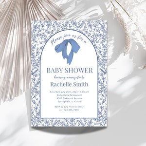 Digitale uitnodiging Toile de Jouy-babyshower | Stoffige blauwe bloemenuitnodiging | Vintage chinoiserie-uitnodiging met bloemen | Bewerkbare canvassjabloon