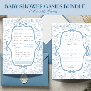 Paquete de juegos para baby shower Toile De Jouy / Paquete de juegos para baby shower de niño en azul polvoriento / Floral chinoiserie vintage / Juegos para baby shower imprimibles /