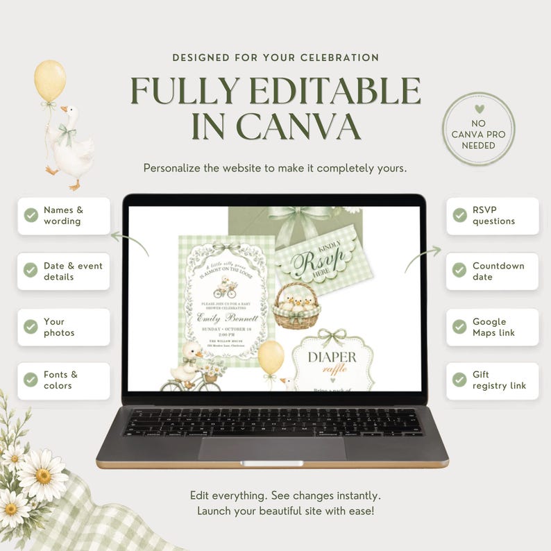 Fully editable Canva baby shower website shown on a laptop with callouts for names, event details, photos, colors, RSVP questions, countdown, Google Maps and registry links.