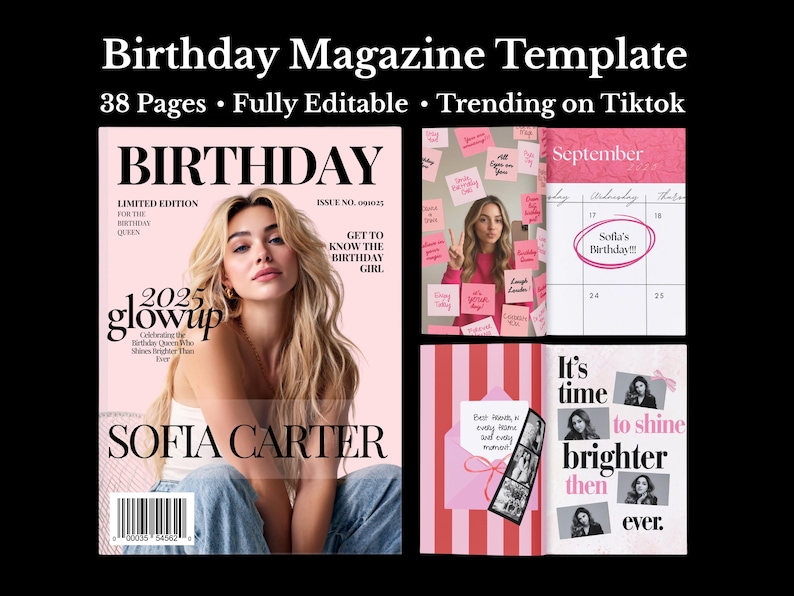 Birthday magazine template showing 38 editable pages. Includes a pink magazine cover, collage layouts, calendar page, and photo spreads designed for a personalized birthday keepsake.