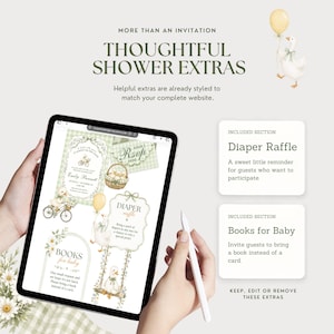 Silly Goose baby shower website shown on a tablet with matching Diaper Raffle and Books for Baby sections that can be kept, edited or removed.
