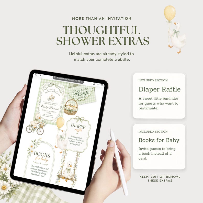 Silly Goose baby shower website shown on a tablet with matching Diaper Raffle and Books for Baby sections that can be kept, edited or removed.