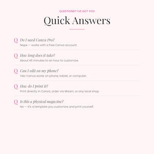 Frequently asked questions about the editable birthday magazine Canva template including printing, Canva access, and customization details.