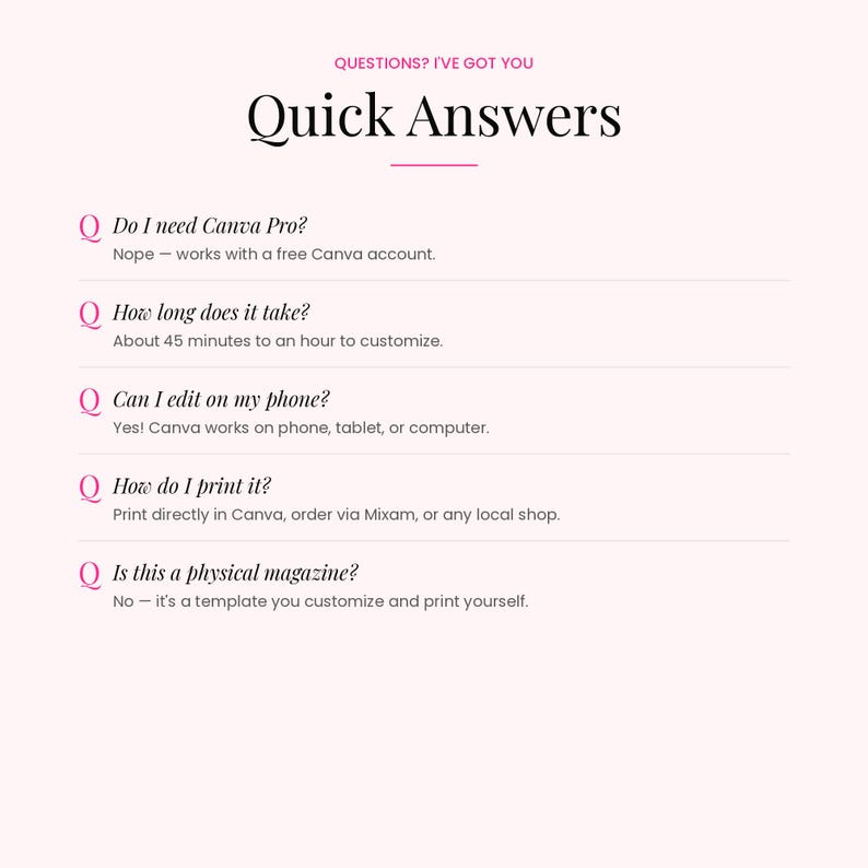 Frequently asked questions about the editable birthday magazine Canva template including printing, Canva access, and customization details.