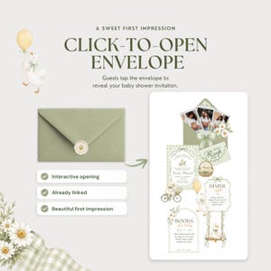 Sage green click-to-open envelope shown beside the revealed Silly Goose baby shower invitation, illustrating the interactive opening experience for guests.