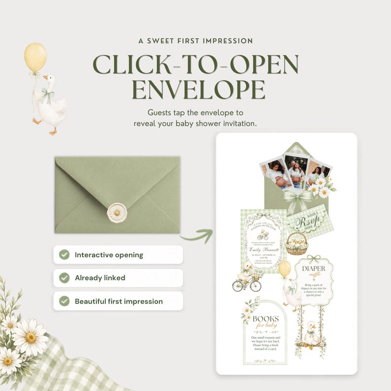 Sage green click-to-open envelope shown beside the revealed Silly Goose baby shower invitation, illustrating the interactive opening experience for guests.