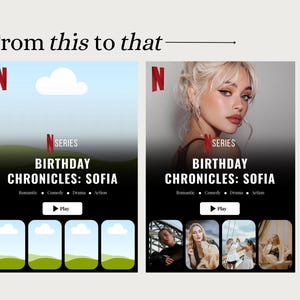 Before and after view of a Netflix-inspired birthday magazine page. Left shows blank layout, right shows completed design with birthday photos and text styled like a Netflix series cover.
