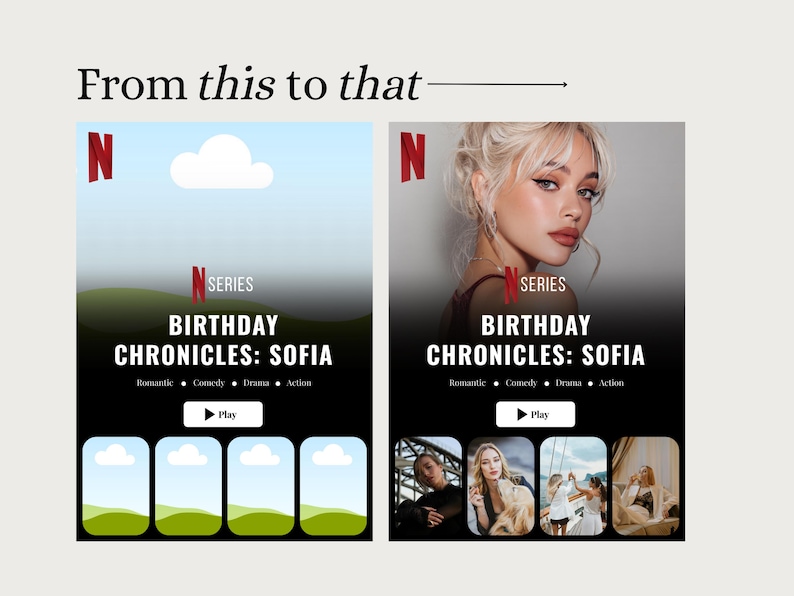 Before and after view of a Netflix-inspired birthday magazine page. Left shows blank layout, right shows completed design with birthday photos and text styled like a Netflix series cover.