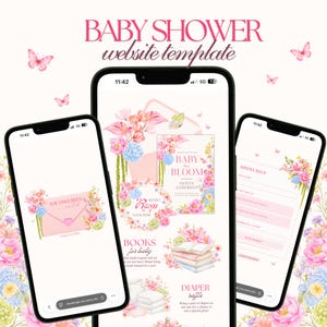 以下が含まれることがあります： 3台のスマートフォンに、ピンクとブルーのフローラル水彩イラスト、蝶、BABY SHOWER、BABY IN BLOOM、OLIVIA ANDERSON、BOOKS for baby、DIAPER RAFFLEなどのテキストが白い背景に配置されたベビーシャワーのウェブサイトテンプレートが表示されています。