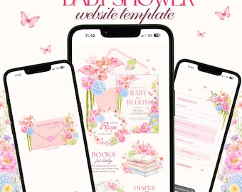 Plantilla de sitio web para baby shower Baby in Bloom: invitación digital editable en Canva con confirmación de asistencia, cuenta regresiva y lista de regalos.