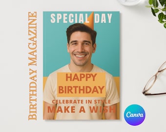 Plantilla de revista de cumpleaños personalizada/Regalo DIY para él (Editable en Canva)