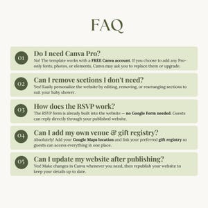 FAQ for the baby shower website explaining Canva Free use, removable sections, built-in RSVP, venue and gift registry links, and updating the website after publishing.