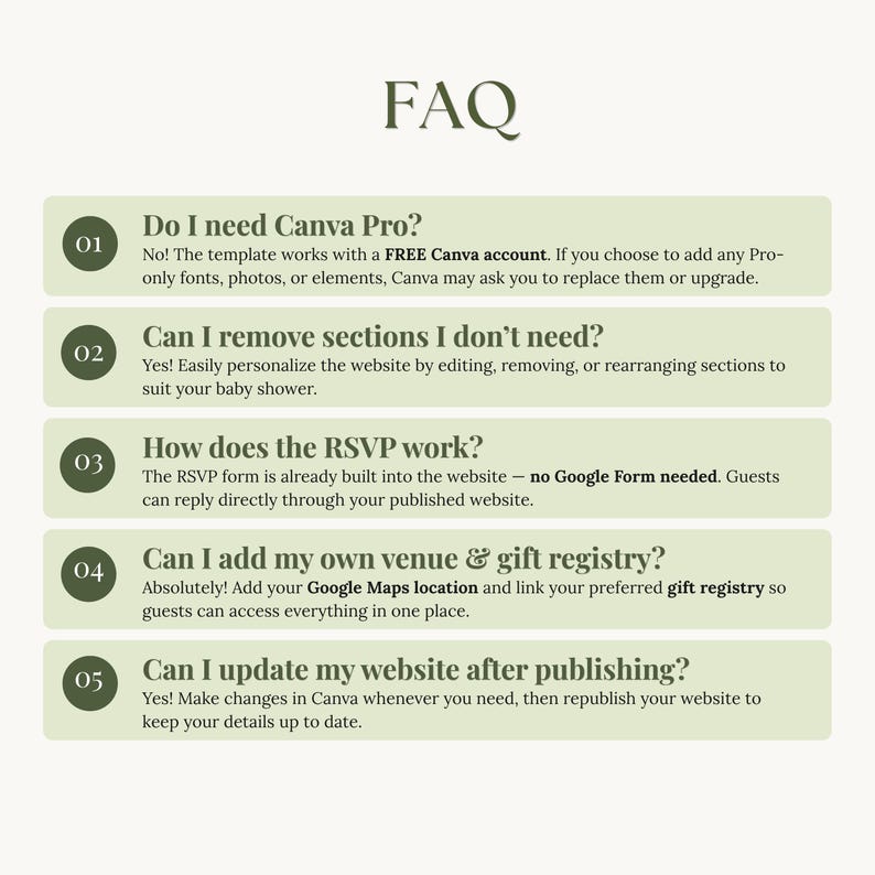 FAQ for the baby shower website explaining Canva Free use, removable sections, built-in RSVP, venue and gift registry links, and updating the website after publishing.