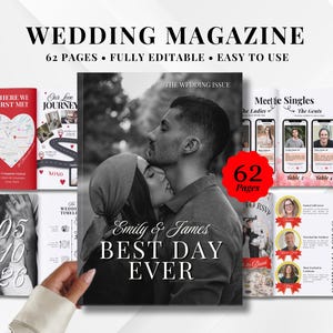 May include: A wedding magazine with the title "WEDDING MAGAZINE" and the text "62 PAGES • FULLY EDITABLE • EASY TO USE". The cover features a black and white photo of a couple. Other pages include "Where We First Met" and "Meet the Singles".