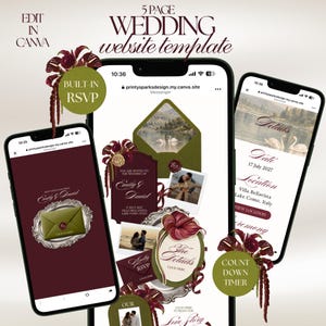 May include: A 5-page wedding website template displayed on three smartphones. The design features deep burgundy and olive green color schemes, floral accents, and text including "5 PAGE WEDDING website template," "BUILT-IN RSVP," and "COUNT DOWN TIMER."