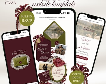 Editable Burgundy and Olive Wedding Website Template, 5-Page Canva Invitation with Built-In RSVP & Countdown
